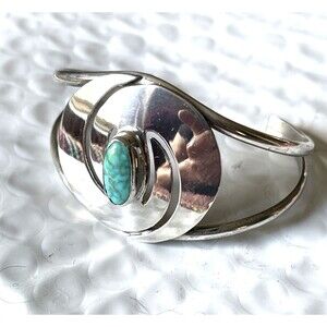 Navajo Sterling Silver Cuff Bracelet Turquoise Swirl Wave Yin Yang Vintage